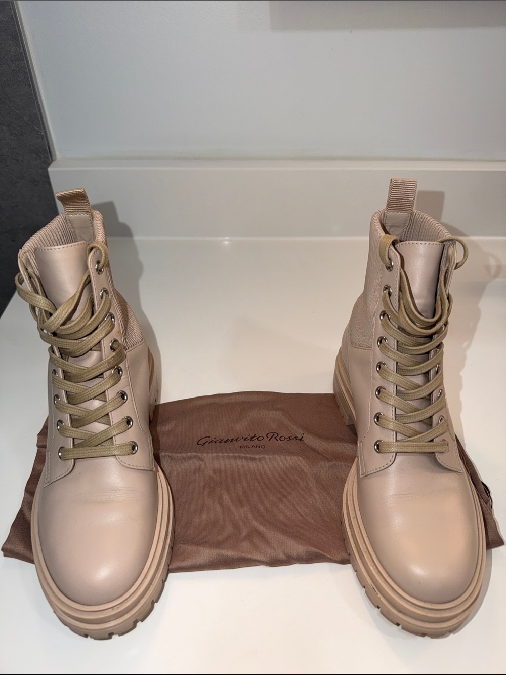 Gianvito Rossi Beige Lace-Up Combat Boots
